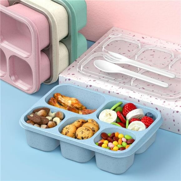 Bento lunch box set 5 compartment reusable meal prep food storage containers - Picture 2 of 7